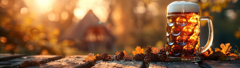 Photo Realistic Oktoberfest Concept: Traditional Dirndl Dress and Beer Tent with Copy Space for Festive Attire Atmosphere