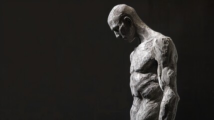 White painted statue of a man looking down in thoughtful pose