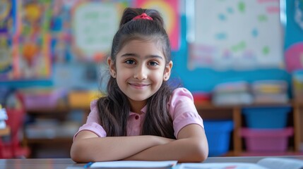 Middle Eastern Schoolgirl Smiling in Classroom with Colorful Background, Perfect for Educational Posters, Promotional Materials, and Social Media Campaigns
