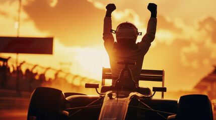 Race car driver celebrating victory at sunset