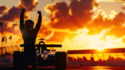 Fototapeta premium Silhouette of racer with arms raised at sunset