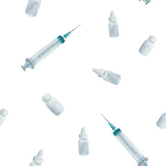 Seamless pattern with syringe and bottles. Watercolor isolated on white background. For design of textile, fabric, wrapping paper. Health care concept