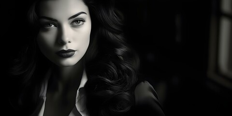 Fototapeta premium Portrait of a young woman with long dark hair in film noir style. Concept Portrait Photography, Young woman, Dark hair, Film noir style
