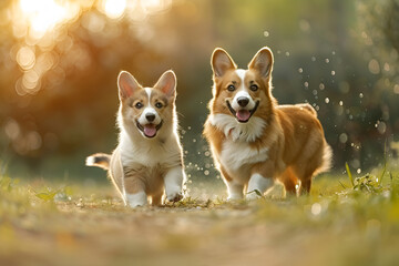 A charming scene of a Welsh Corgi and a cat strolling on a lush green field. The Corgi leads playfully, while the cat follows attentively. The backdrop is a golden, sunlit blur of trees, creating a ma