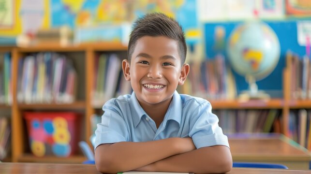 Smiling Elementary School Boy in Classroom, Pacific Islander Heritage, Bright Background, Educational Setting