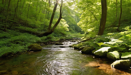A tranquil stream flows through a lush, sunlit forest, creating a peaceful and serene atmosphere
