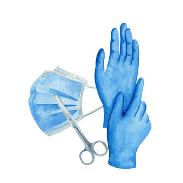 recommend clip art: Protection medical face mask, medical gloves and scissors. Watercolor illustration isolated on the white background, elements for hospital, doctor