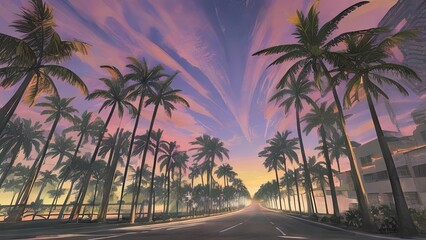 Palm trees line a winding road leading towards a vibrant sunset, casting long shadows across the asphalt