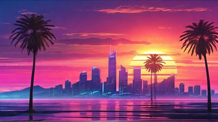Fotobehang A digital painting of palm trees silhouetted against a vibrant city skyline at sunset © Roman