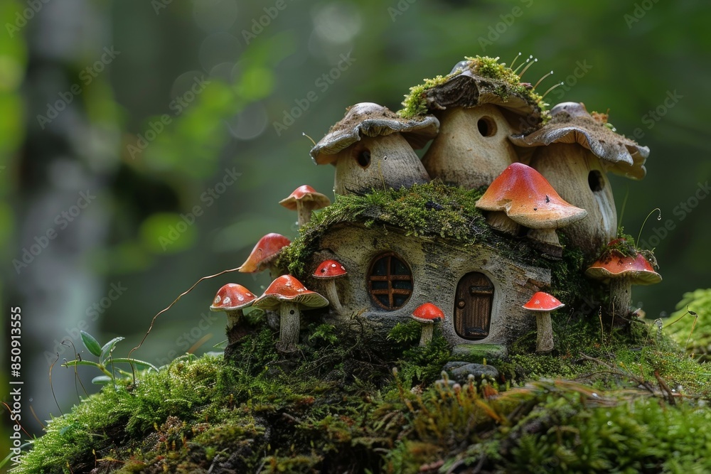 Poster Discover the magical and enchanting world of a whimsical and fairytalelike mushroom house nestled in the lush and mossy greenery of an enchanted forest