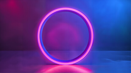 Obraz premium Round Glowing Neon Light Sign, Cyberpunk Studio Stage Backdrop Blue Purple Abstract Background