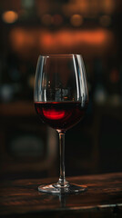 A wine glass is filled with red wine on a wooden table