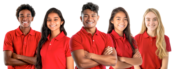 Portrait of a diverse group of young adults in red shirts, smiling and exuding unity and positivity.