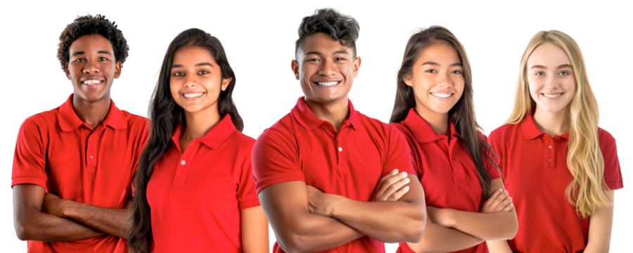 Portrait of a diverse group of young adults in red shirts, smiling and exuding unity and positivity.