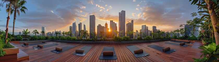 Yoga class taking place in a rooftop garden with a panoramic city view