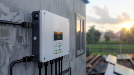 A white box with a screen on it is mounted on a wall