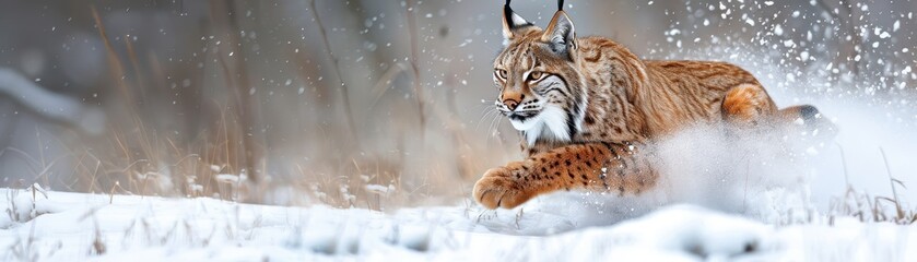 Obraz premium Agile lynx pouncing through a snowy wilderness