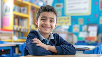 Smiling Young Middle Eastern Schoolboy in Classroom, Educational and Learning Environment