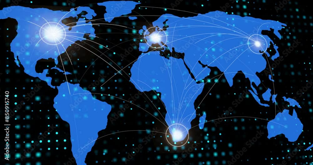 Aufkleber Global, network and hologram with map, communication and internet with connection, planet and digital system. Empty, holographic and metaverse with cyber security or modern geography with technology