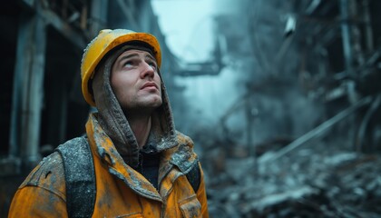 Obraz premium Young firefighter in yellow protective clothing gazes up, contemplating the extent of destruction in a disaster scene