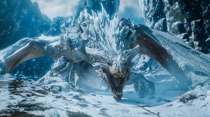 white ice dragon with blue eyes, looking with open mouth into the frame. is going to attack. fantasy, legends, myths.