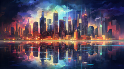 Abstract Cityscape Skyline at Night, with illuminated skyscrapers. Cityscape painting. Water reflection. Generative AI