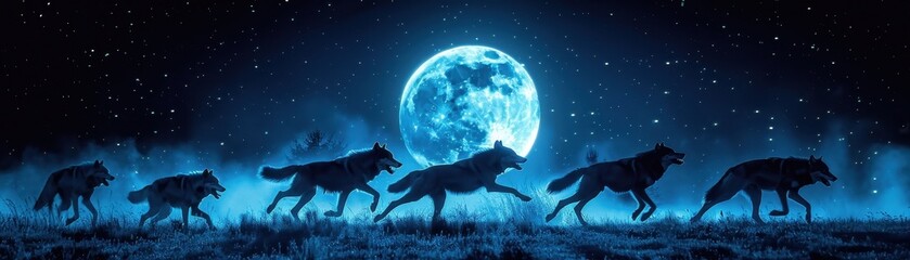 Powerful wolves running in a pack under a full moon