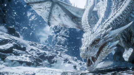 white ice dragon with blue eyes, looking with open mouth into the frame. is going to attack. fantasy, legends, myths.