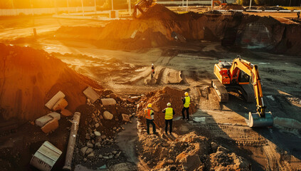 Shot Of Construction Site With Excavators On Sunny Day Diverse Team of Real Estate Developers Discussing Project. Civil Engineer, Architect, Inspector Talking And Using Tablet Computer
