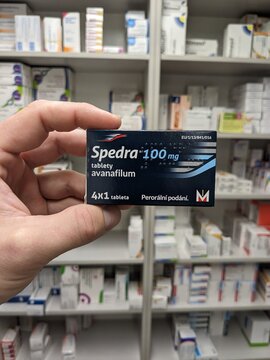 Prague,Czech republic-June 17 2024:
Spedra box of medication with Avanafil active substance by Menarini, used for treatment of erectile dysfunction