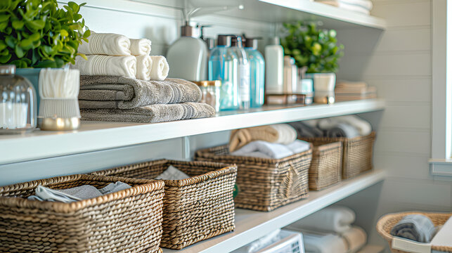 organized laundry with shelves and baskets in a modern house