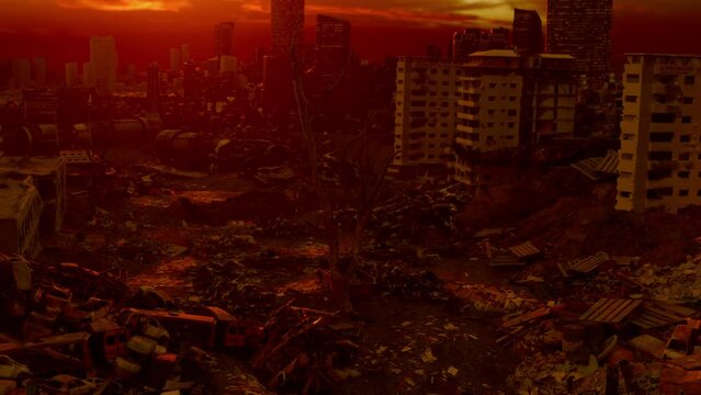 Deserted Demolished City Buildings, After War, Sunset Time