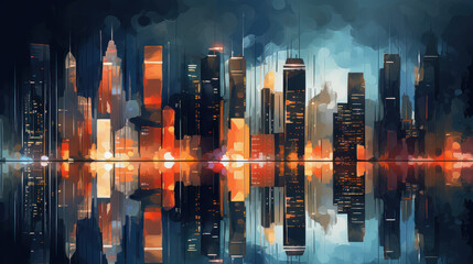 Abstract Cityscape Skyline at Night, with illuminated skyscrapers. Cityscape painting. Water reflection. Generative AI