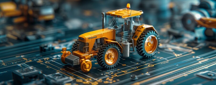 A golden tractor model placed on a computer motherboard, parallel to technology and agriculture sectors' connection