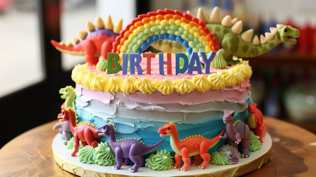 realistic birthday cake dinosaur theme rainbow clay