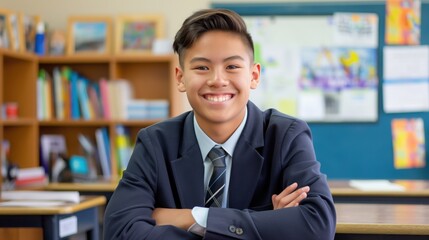 Smiling High School Boy in Formal Uniform, Pacific Islander Student, Classroom Background for Educational and Diversity Themes