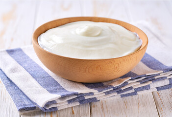 tasty greek yogurt in a wooden bowl on a white table, selective focus.