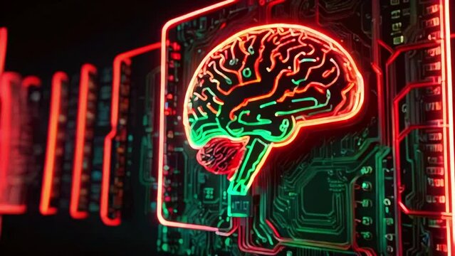 A glowing red and green circuit board with a brain in the center.