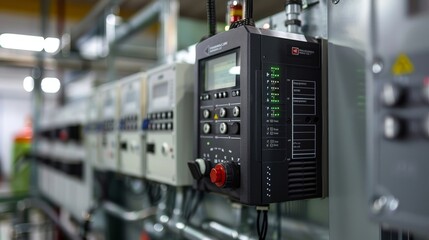 A row of electrical panels with a black box in the middle