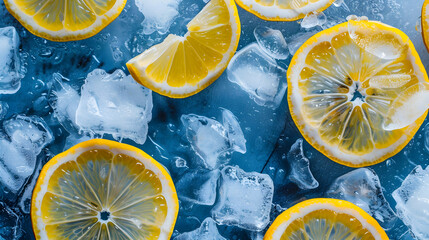 Background of beautiful lemon fruit slices with ice cubes on frozen surface