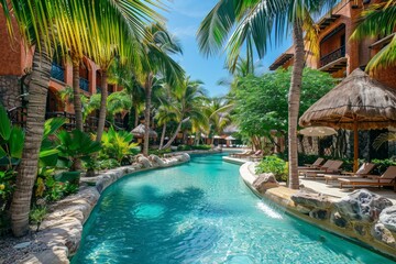 Luxurious holiday resort with a lazy river meandering between lush palms and tranquil sun loungers