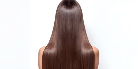 Fototapeta premium Woman with shiny straight brown hair isolated on white background viewed from behind. Concept Brown Hair, Shiny, Straight, Woman, Isolated Background
