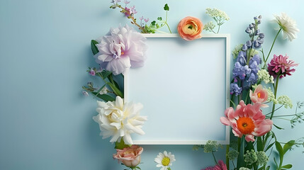 Obraz premium Beautiful blooming floral arrangement with blank white frame