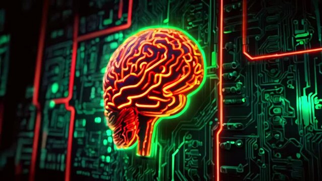 A green and red circuit board with a glowing green and red brain in the center.