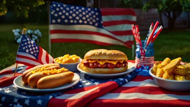 A picnic table is covered with a red and white checkered tablecloth. In the background is an American flag. independence day 4 july