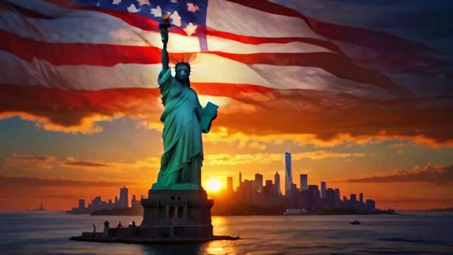 Statue of a Liberty in front of a large American flag. There is a sunset in the background and a large city skyline with skyscrapers. independence day 4 july