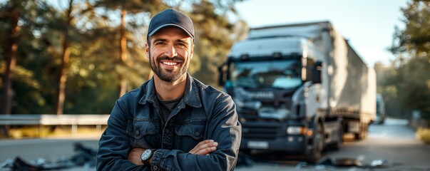 Fototapeta premium Smiling man in casual work clothes stands in front of a delivery truck after a crash