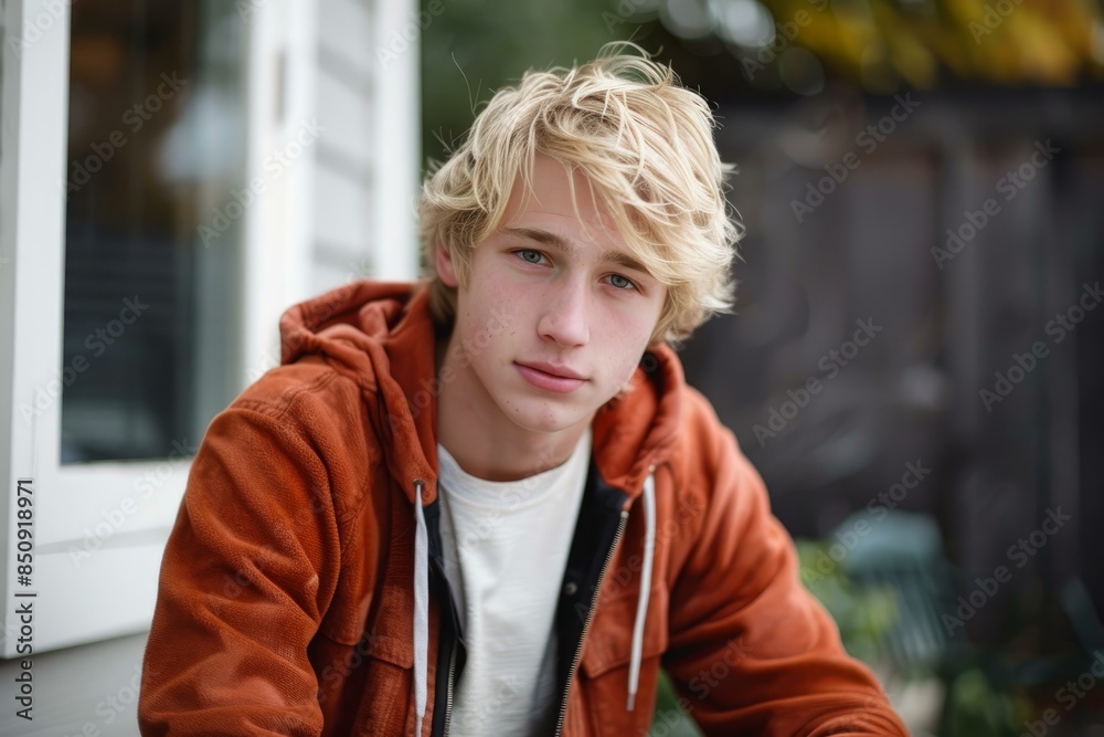 Poster Portrait of a teenage boy with blond hair wearing a hoodie, outside a house