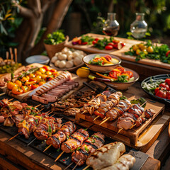 Barbecue party with grilled food in backyard with American flags. 4th of July, USA Independence Day