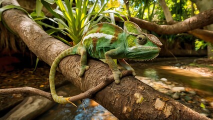 A stunning wildlife photography capturing a chameleon perched on a tree branch